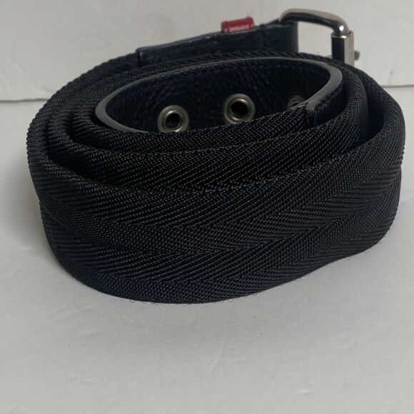 Prada Black Tessuto Woven Belt Leather Trim Red Loop Silver Buckle Made In Italy - Picture 2 of 16